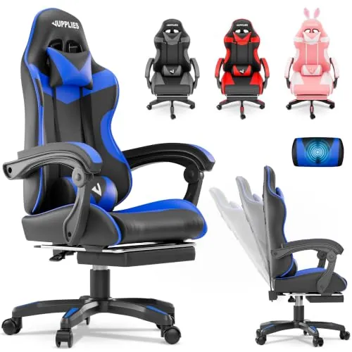 JUPPLIES Silla Gaming Profesional con Masajeador - Silla de Oficina Ergonómica, Altura Regulable y Respaldo Abatible - Silla Gamer (Azul, Acolchado Arriba, con Reposapiés)