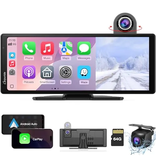 Carpuride W904=904-L Carplay & Android Auto con Dash CAM - Pantalla táctil IPS HD de 10" para Coche, cámara Frontal 4K y Trasera 1080P, grabación en Bucle, Audio Bluetooth, Mirror Link, GPS, Siri