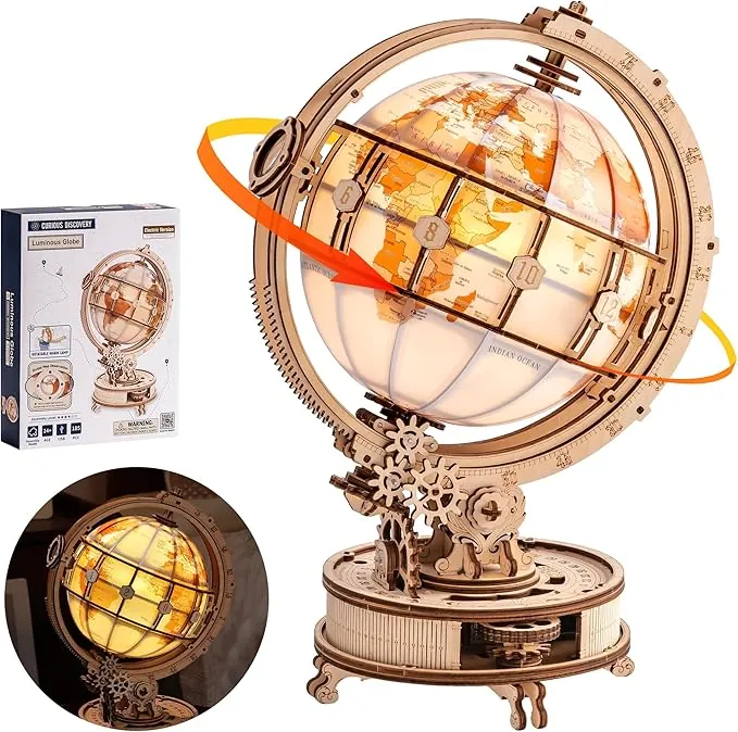 Robotime Puzzle 3D de Madera para Adultos - Globo Terráqueo Giratorio con Luz LED, Kit de Modelo Mecánico DIY, Rompecabezas 3D de Construcción, Regalo para Hombres, Luz Nocturna (Rotación Automática)