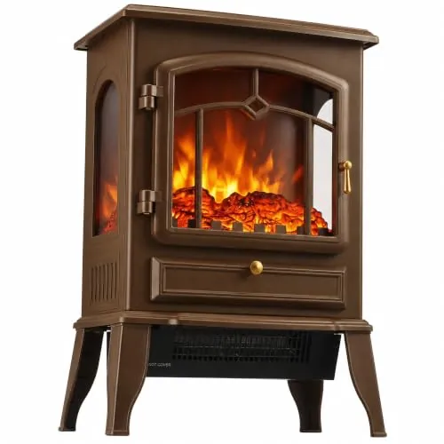 HOMCOM Chimenea Eléctrica de Pie Llama 3D 1000W/2000W para 30㎡ Marrón | Chimenea Eléctrica Decorativa, Brillo Ajustable, Termostato, 3 Ventanas Visibles, Protección contra Sobrecalentamiento