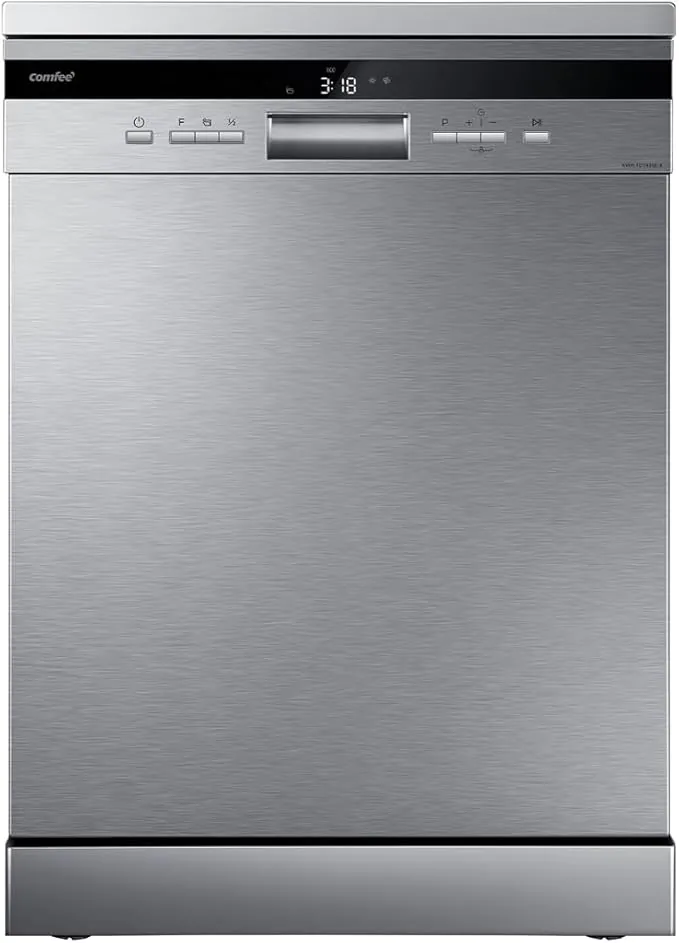 COMFEE' FD1435E-X Lavavajillas Libre Instalación 60cm, 14 Servicios, Apertura Automática, 8 Programas, Inicio Diferido, Media Carga, Soportes Flexibles, 44dB Silencioso, Clase D, Acero Inoxidable