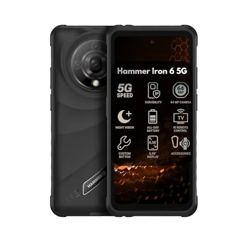 Hammer H Iron Teléfono móvil para Exteriores, sin Contrato, 8/256 GB, 5G, Pantalla de 6,56'' y 120 Hz, 6050 mAh, 65 MP, Android 15, NFC, biometría, Radio FM, Conector de 3,5 mm, Doble SIM, Negro