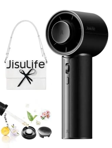 JISULIFE Ventilador de mano Pro1 Mini - Utilidad sofisticada: cuero sintético elegante, 30 horas de enfriamiento, cápsula aromática, precisión de 100 ajustes de velocidad, ventilador portátil para