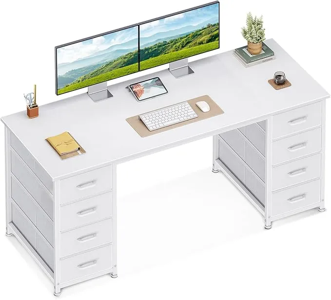 Coleshome Escritorio con 8 Cajones de Tela, 140x48cm Mesa Escritorio de Espacio, Escritorio Ordenador Mesa Oficina para Estudio en Casa, Blanco