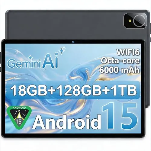 Tablet Android 15 de 10 Pulgadas Gris, 6GB RAM (hasta 18GB) 128GB, Octa-Core T30, Pantalla IPS 1280x800, Batería 6000mAh, WiFi Dual, GPS, Desbloqueo Facial, Bluetooth, USB-C, TF 1TB