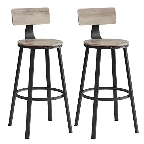 VASAGLE Taburetes Altos de Cocina, Juego de 2, 54,5 x 54,5 x 99 cm | Sillas Altas para Barra, con Respaldo, Estilo Moderno Básico, Greige Mélange y Negro Mate, Colección BARNET LBC026B02