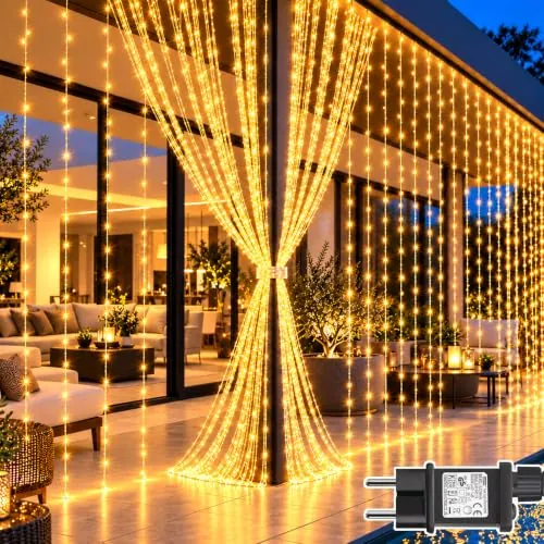 Dekofun Cortina de Luces con Enchufe, 6Mx3M 600LED Blanco Cálido, 2 Piezas | IP65 impermeable, 8 modos, temporizador, guirnalda, cascada de luz para interior, exterior, balcón, boda, fiesta y jardín
