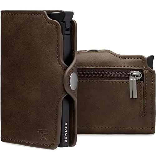 BEWMER Cartera Tarjetero 1 Zip para Hombre y Mujer con Monedero - Billetera Pequeña Porta Tarjetas con Protección RFID y Pinza para Billetes de Fibra de Carbono