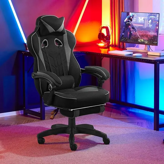 WOLTU Silla Gaming, Transpirable Tela Silla ergonómica, Sillon de Oficina con Reposabrazos, Cojin Cabeza y Apoyo Lumbar, Silla Oficina Gran Respaldo y Asiento, Tejido elástico, Negro+Gris, GS01gr