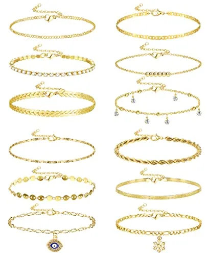 CASSIECA 12 Piezas Tobillera Plateado Cadena de Descalzas Juego de Joyería de Pies Tobillos de Playa Ajustable Ojo del Diablo Tenis Cristal Tobillera Zirconia Colgantes Joya Moda Verano para Mujeres