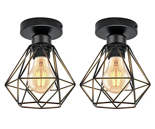 URing Lámparas de Techo Lámparas Colgante Vintage, Industrial Metal Iluminación de Techo E27 en Estilo Jaula Geométrica Para Sala de Estar, Cocina, Dormitorio, Pasillo, Patio, Ø 16cm, Negro, 2 Piezas