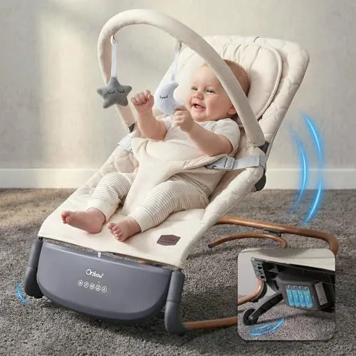 Hamaca Mecedora Bebé Electrica con Sensor de Golpe, Blanco Nata | 3 Velocidades & Panel Táctil, Temporizador (30/60 Min), 8 Nanas, Volumen Ajustable
