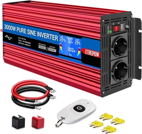 ETREPOW Inversor 24V 220V Onda Pura 3000W con LCD y Remoto para Camper