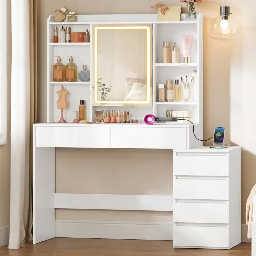 VASAGLE Tocador de Maquillaje con Luz, 124.7 x 40 x 145 cm