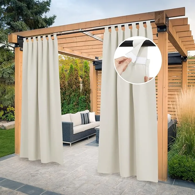 PONY DANCE Cortina de Exterior Impermeable para Porche con Trabillas Adhesivas, Cortinas Opacas con Protección UV para Pérgolas de Jardín, 2 Piezas, 132x213 cm, Beige Claro