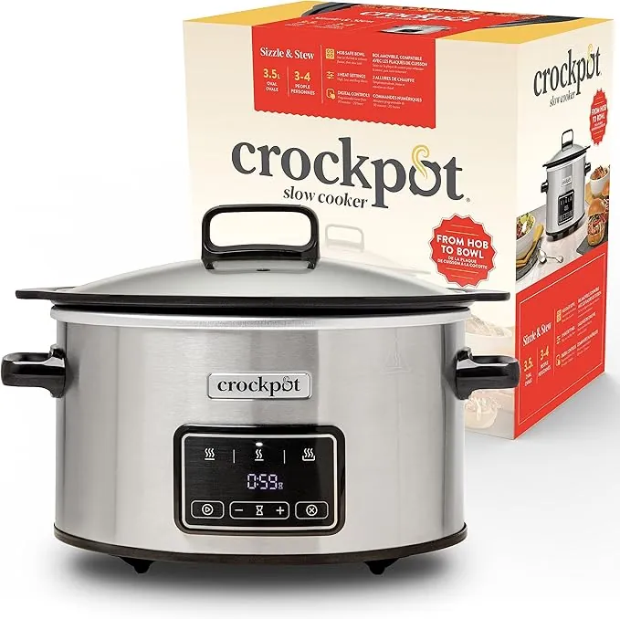 Crock-Pot Olla digital de cocción lenta Sizzle & Stew | 3.5 L (3-4 Personas) | Recipiente extraíble apto para placas de inducción | Carne y verduras | Enchufe EU 2 Pin | Acero inoxidable [CSC111X]