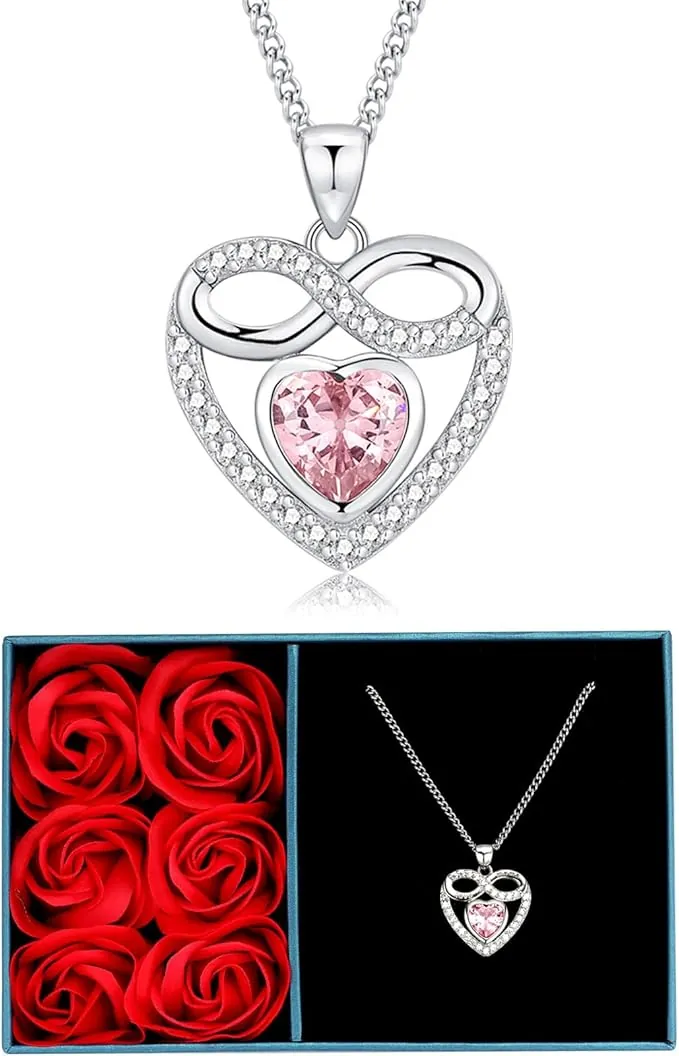 TIZU Rosa Eterna Collar con Caja de Regalo,Collares Mujer Amor Colgante de Corazón Chapado en Oro Blanco de 14K Joyas Regalos para Esposa, Mamá, Novia, Abuela,hija