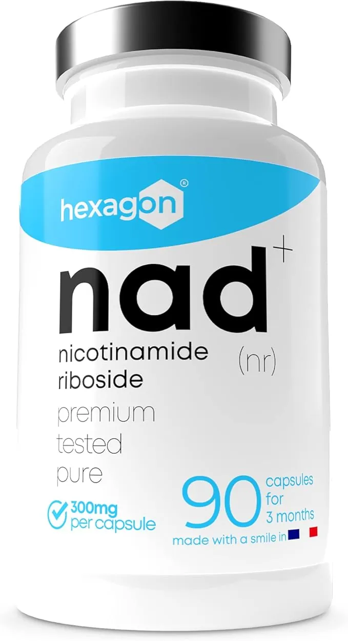 NAD+ Nicotinamide Riboside Chloride 300mg - +3 Meses de Cura - Contra la Edad y la Fatiga, NAD Booster - Polvo Puro, 90 Cápsulas - Grado Farmacéutico - Vegano - Hexagon