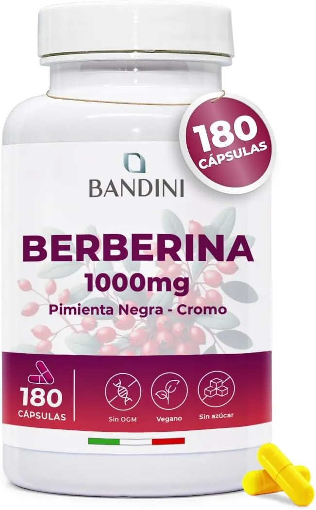 Bandini® Berberina 1000 mg - 180 cápsulas veganas - Con Cromo y Pimienta Negra para una mejor absorción - El mejor extracto concentrado de Berberis Vulgaris - Control de la glucosa y triglicéridos