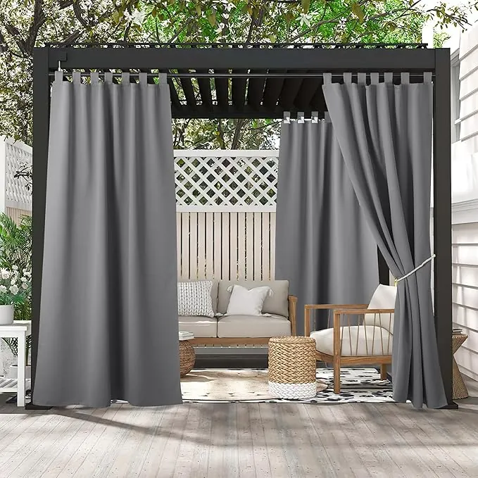 PONY DANCE Cortinas Impermeables para Puertas Exterior Terraza, Cortinas Opacas Aislantes Luz para Balcon/Jardin/Porche con Trabillas Adhesivas 2 Piezas,132x243cm(AnxAl),Gris