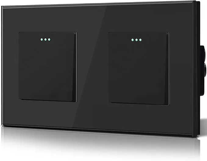 BSEED Interruptor Conmutador,Basculante Con Luz de Orientación,Marco de Cristal,Fácil Instalación,Fáciles de Limpiar,Doble 1 Gang 2 Vía,157mm Negro