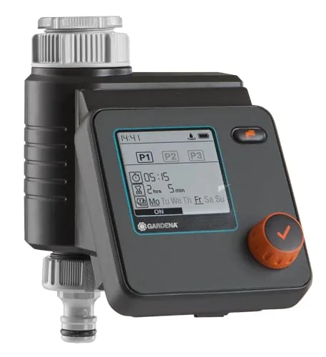 Gardena 1891-20 Programador de riego Select riego automático y en Poco Tiempo, 3 programaciones para un riego Flexible, función Water Now, Color Negro/Gris/Naranja