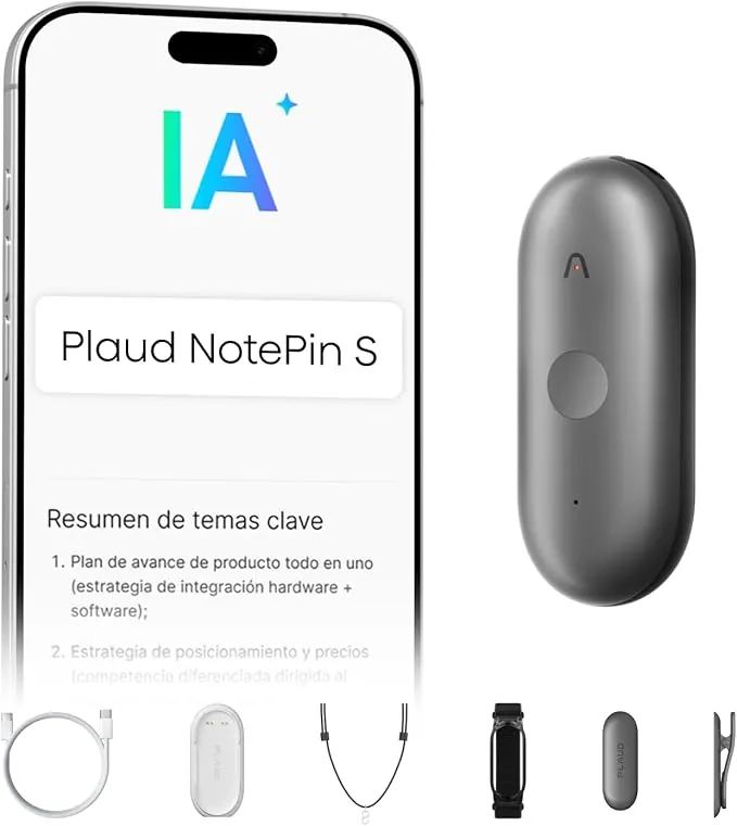 Plaud NotePin S Grabadora de Voz IA con botón de grabación táctil Transcripción IA Resúmenes Tomar Notas Transcripción Resumen IA para Reuniones Llamadas Entrevistas Charlas Clases con 4 Accesorios