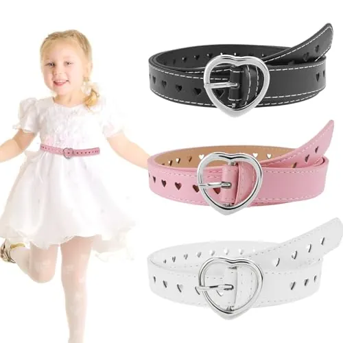 Sorcristy 3 piezas de cinturón para niñas, cinturón de cuero PU para niños, hebilla de corazón ajustable, cinturón para niñas de 6 a 12 años para pantalones, faldas, chaquetas, Talla única