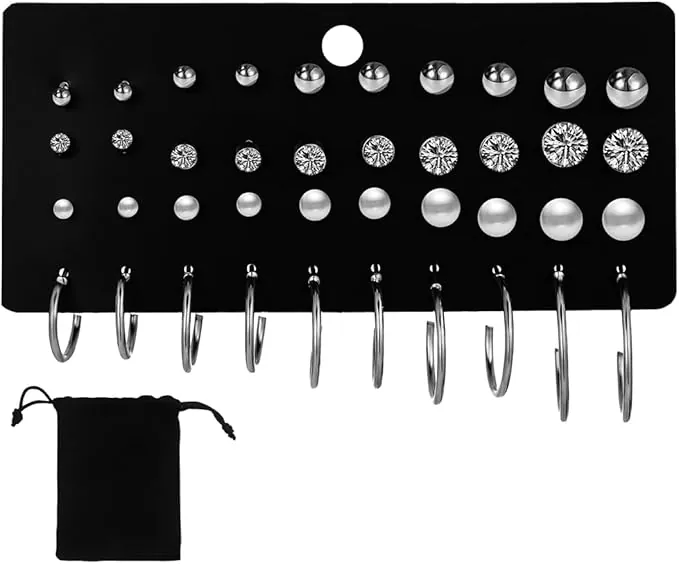 Pendientes Mujer 20 Pares, Acero Quirúrgico Hipoalergénicos, Piercing Oreja Cartílago, Circonita Perla Blanca Aro Perla Plateada Para Múltiples Perforaciones