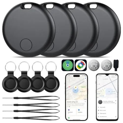 Smart Tracker Tags 4 Pack, Android Google Localizador o iOS Apple Buscar App, Localizador de Objetos Bluetooth Finder, Uso 365 días, Baterías Reemplazo, Buscador para Llaves/Carteras/Equipajes