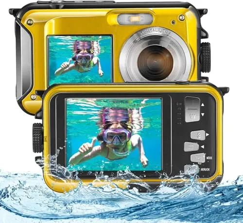 Helangel Cámara de Fotos Impermeable Digital Full HD 2,7K 24 MP Cámara subacuática Zoom Digital 16 X Cámara Impermeable con Doble Pantalla para Adolescentes y Estudiantes Principiantes