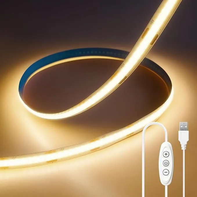 Tira de LED COB USB 5V 2M, Blanco Cálido 3000K Regulable CRI93+ Anchura 8mm Luces LED Habitacion Cinta LED Flexible para Fondos de TV Cocina Fiesta DIY Decoración