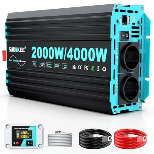 Inversor SUDOKEJI 2000W/4000W de Onda Sinusoidal Pura, Convertidor 12V-230V con Mando LCD, Puertos USB/Tipo-C y 2 Tomas UE para Solar, Vehículos y Autocaravanas