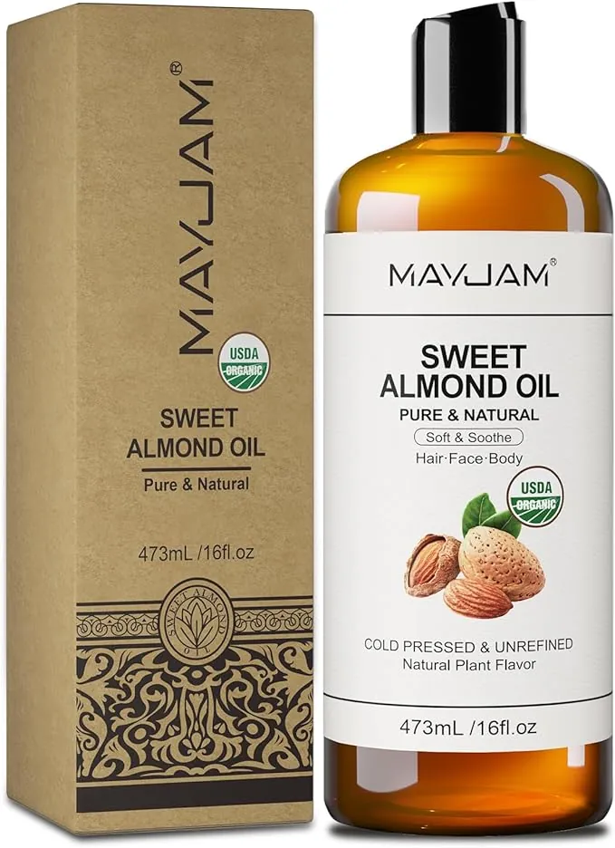 MAYJAM Aceite de Almendras Dulces Bio 473ML, Aceite Corporal de Almendras Prensadas en Frío 100% Puro Natural, Hidratante & Nutritivo, Organic Sweet Almond Oil para Piel, Cabello, Masaje