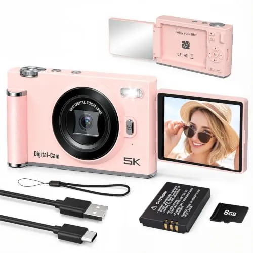Cámara Digital 5K Selfies Pantalla 180° con Espejo para Principiante Rosa