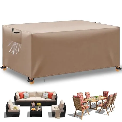 WUAYAMI Cubierta impermeable para muebles de jardín, resistente al viento, antiUV, resistente a los rayos UV, tejido Oxford para grupos de asientos, mesas de jardín, muebles de terraza, color caqui