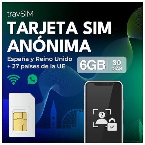 Tarjeta SIM Anónima travSIM | 6GB de Datos móviles a velocidades 4G/5G | Itinerancia Gratuita en Reino Unido y más de 30 países de la UE | El Plan es válido Durante 30 días | Recargable