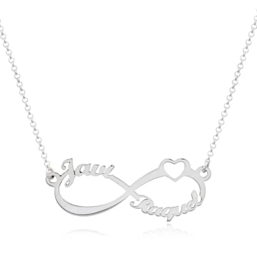 LUXFAN´S FANTASY DELUXE Collar Infinito Personalizado en Plata de Ley 925 con Corazón y Nombres personalizable para regalar con cadena Rolo de 40 cm + Alargador.