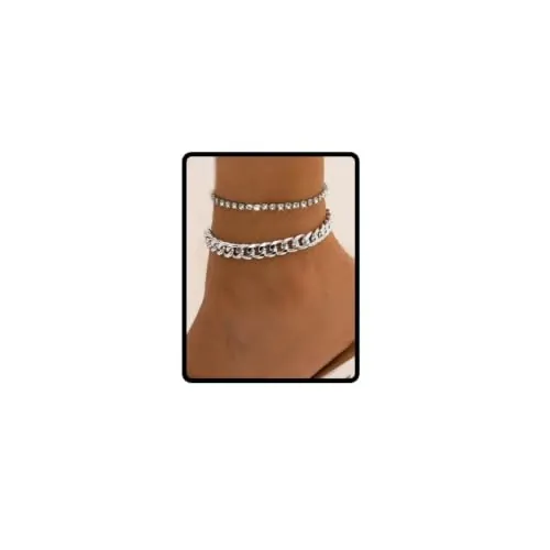 Clataly Tobillera cubana doble capa tobillera de cristal tobillera de playa joyas para mujeres y niñas (Plata)