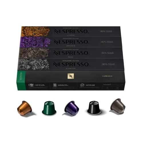 Nespresso Original Cápsulas de Café, 50 Cápsulas (10 Roma, 10 Ristretto, 10 Arpeggio, 10 Capriccio & 10 Livanto) para Máquina de Café, Cafetera, Tuestes Variados