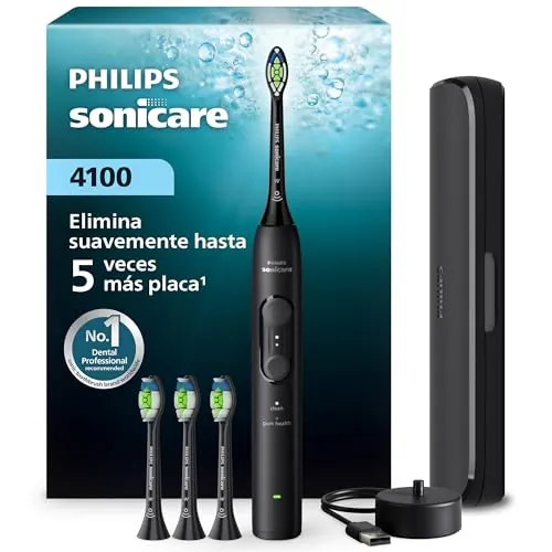 Philips Sonicare Serie 4100 - Cepillo dental sónico con sensor de presión, 4 ajustes de cepillado, función EasyStart, SmarTimer, autonomía de 21 días, estuche, negro, HX4046/52, [Nuevo]