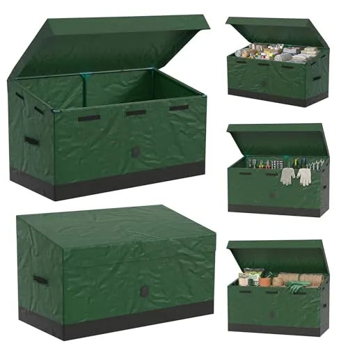 UISEBRT Caja de almacenamiento para exteriores de 530 L, 123 x 62 x 74,5 cm, resistente a la intemperie, con marco de acero, resistente a los rayos UV y al agua, diseño inclinado para jardín, balcón y