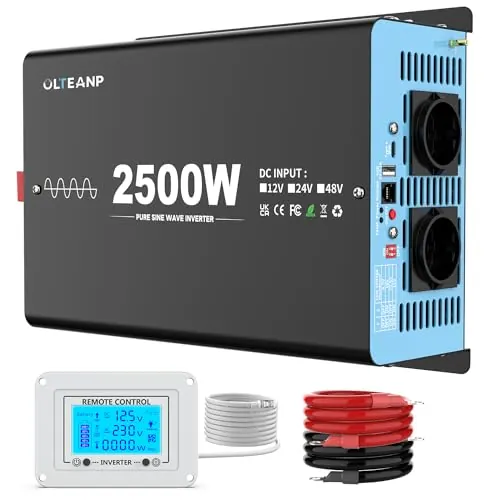 OLTEANP 2500W Inversor Onda Pura 12v a 230v Profesional, 5000W Pico, Convertidor de Corriente con Pantalla LCD y Mando, 2 Tomas AC y USB/Tipo-C, para Caravana Camper Batería Litio