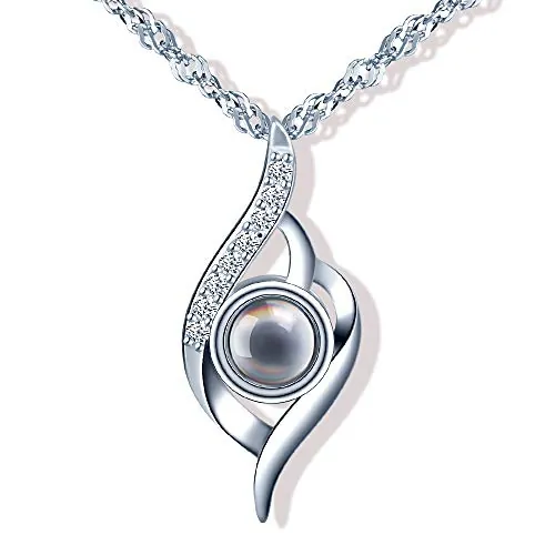 Yumilok Collar de plata 925 para mujer, colgante clásico con incrustaciones de piedra de cristal y circonita, Je t'aime en 100 idiomas, regalo de Navidad cumpleaños, Plata esterlina, Cubic Zirconia