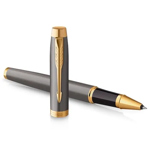 Parker IM Bolígrafo roller | lacado gris con adornos dorados | punta fina de acero inoxidable | estuche de regalo