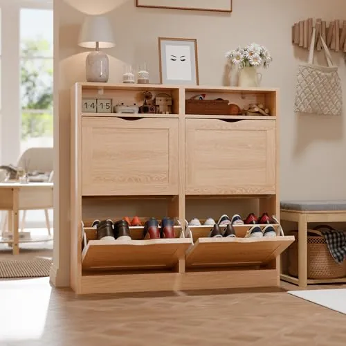 ELUCHANG Zapatero Estrecho con 4 Puertas / 8 Estantes & Compartimentos Abiertos, Mueble Zapatero Armario Moderno para Entrada, Recibidor y Dormitorio, Madera en Natural, 100x24x100cm