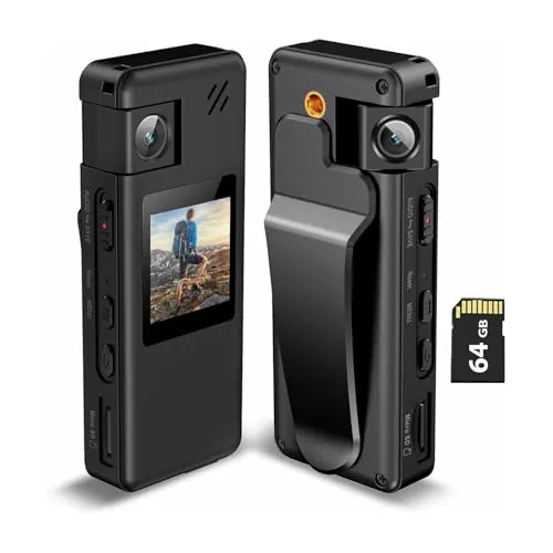 Hoestr A32 64GB Cámara Corporal, Cámara Corporal Portátil con Lente Giratoria 180° y Detección de Movimiento, Videocámara 1080P con Grabación de Audio y Vídeo para Deportes Policía Entrega Ciclismo