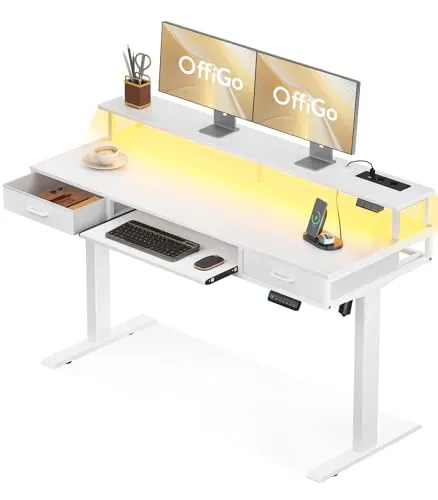 OffiGo Escritorio Elevable con 2 Cajones, 140cm Mesa Elevable, Blanco