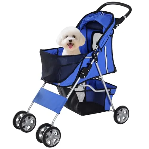 PawHut Cochecito Plegable Mascotas Carrito para Perros Gatos con Cuatro Ruedas Cesta de Almacenaje Ventanas y Portavasos Tela Oxford Marco de Acero 75x45x97 cm Azul