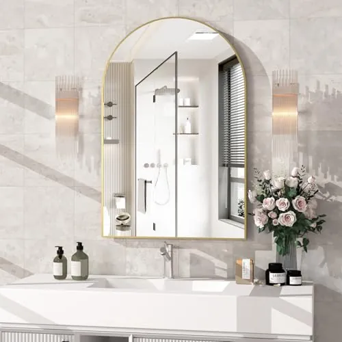 NEUWEABY Espejo montado en la Pared, Espejo de Pared arqueado para baño, Espejo de baño de Arco de 60x90cm Marco de Metal, decoración de Espejo Dorado Manto, Dormitorio, Entrada